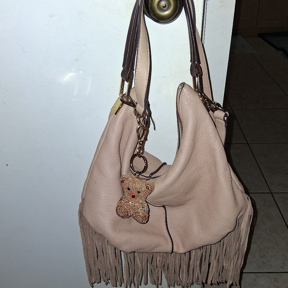Genuine Leather Fringe Camel Colored Shoulder Bag W/Free Teddybear Purse Charm